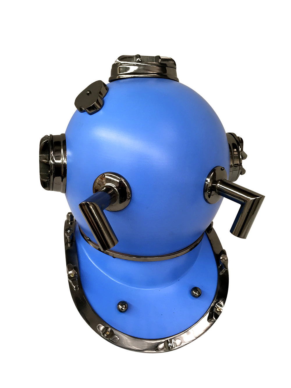 US Navy Mark V Diving Helmet in blue, showcasing its authentic design and magnifying glass viewing window.