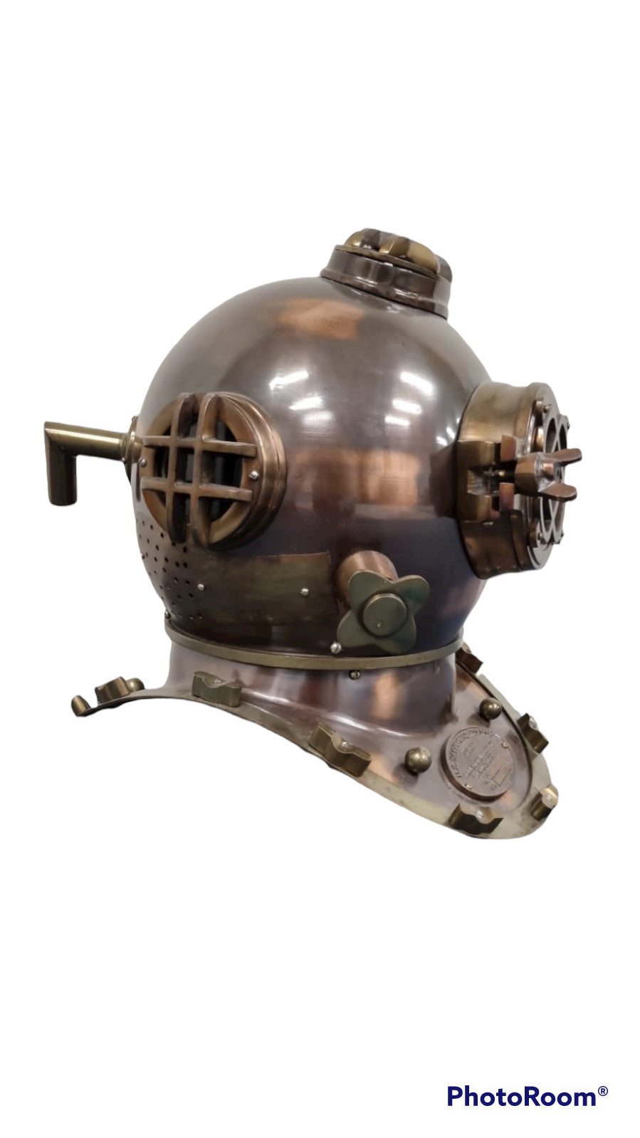 US Navy Mark V Diving Helmet with dark antique finish, showcasing vintage brass details and magnifying glass window.