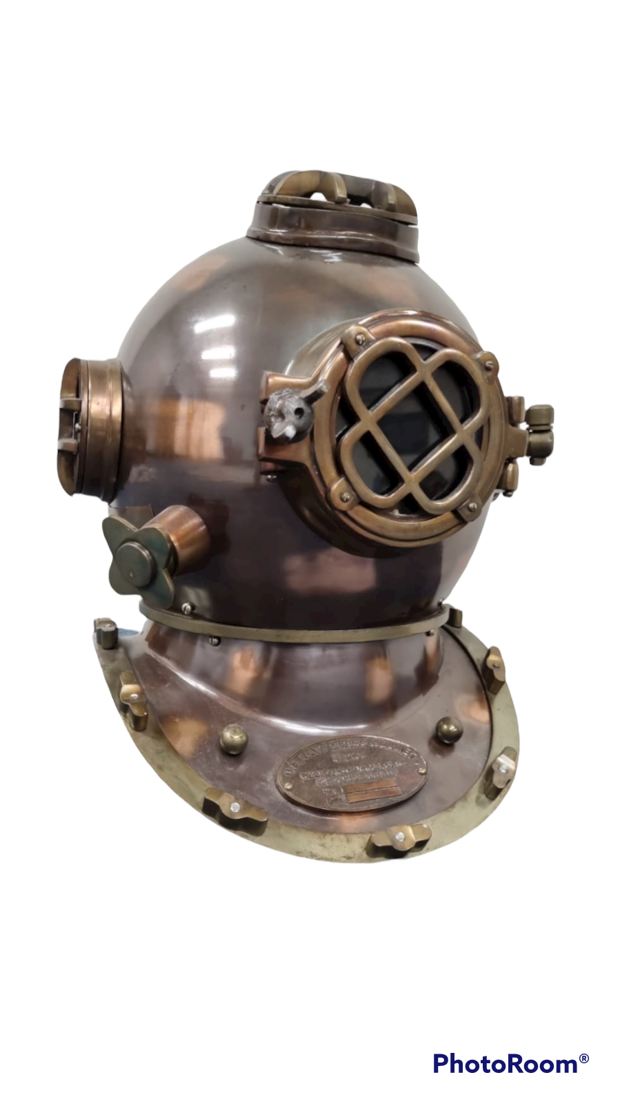 US Navy Mark V Diving Helmet with dark antique finish, showcasing vintage brass details and magnifying glass window.