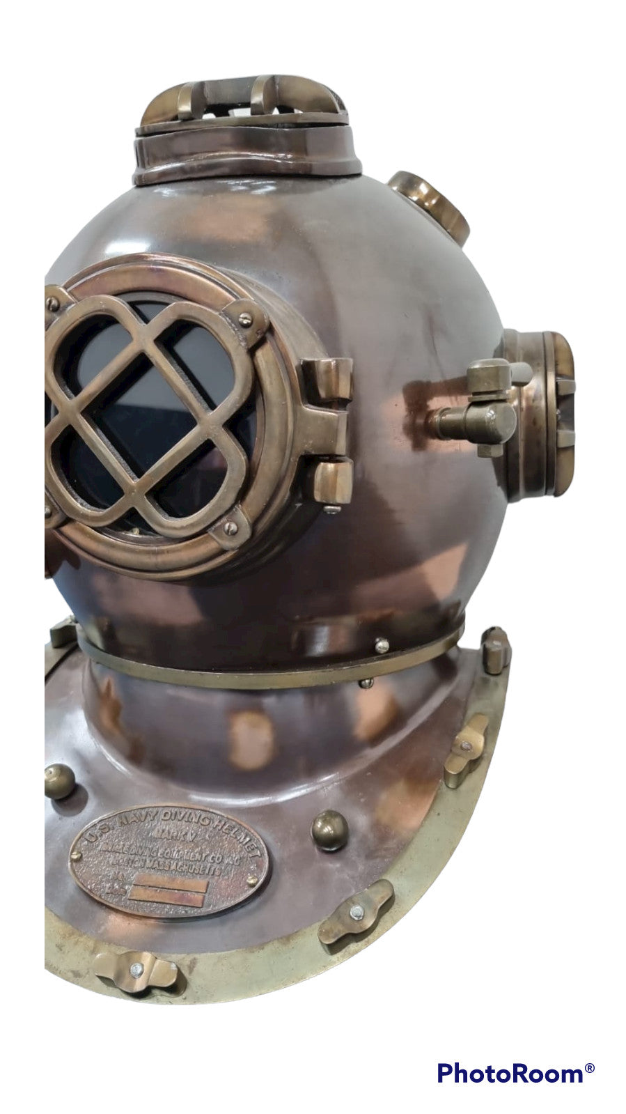 US Navy Mark V Diving Helmet with dark antique finish, showcasing vintage brass details and magnifying glass window.