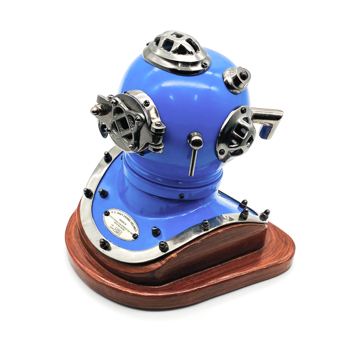 Miniature US Navy Mark V Diving Helmet in blue with antique brass finish and magnifying glass viewing window.