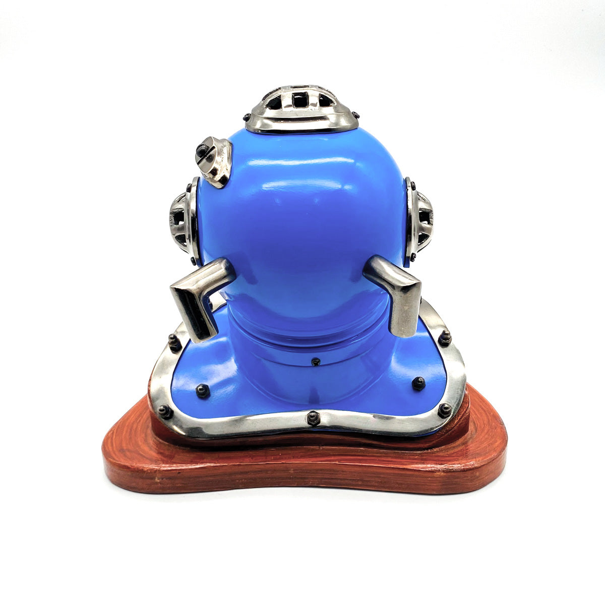 Miniature US Navy Mark V Diving Helmet in blue with antique brass finish and magnifying glass viewing window.