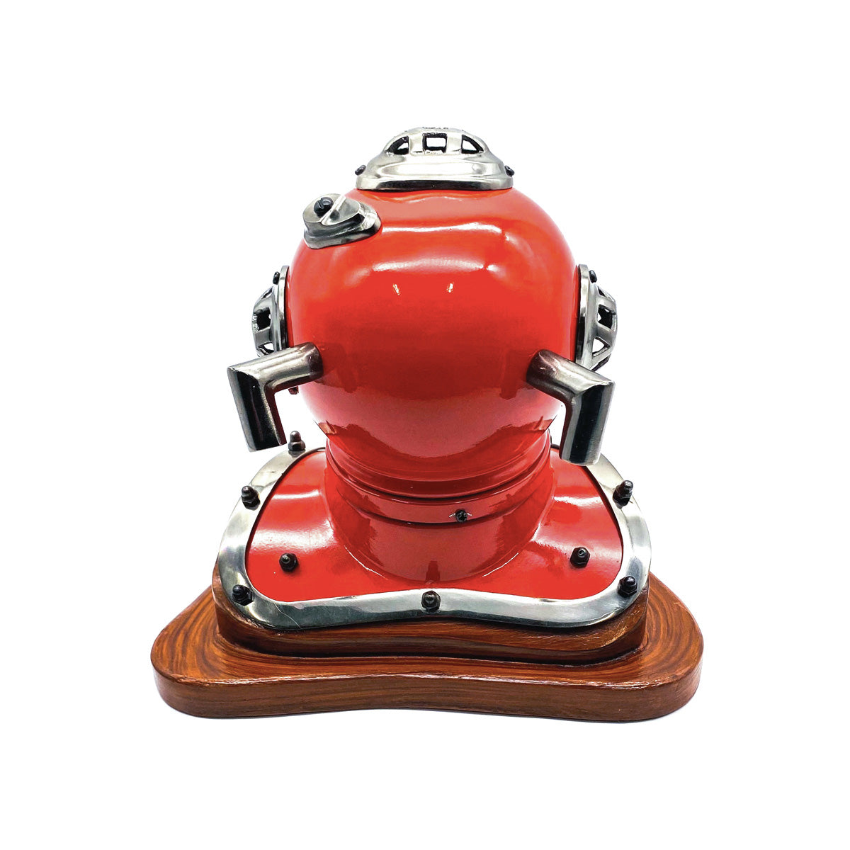 A detailed miniature model of the US Navy Mark V Diving Helmet in red with antique brass finish and magnifying glass viewing window.