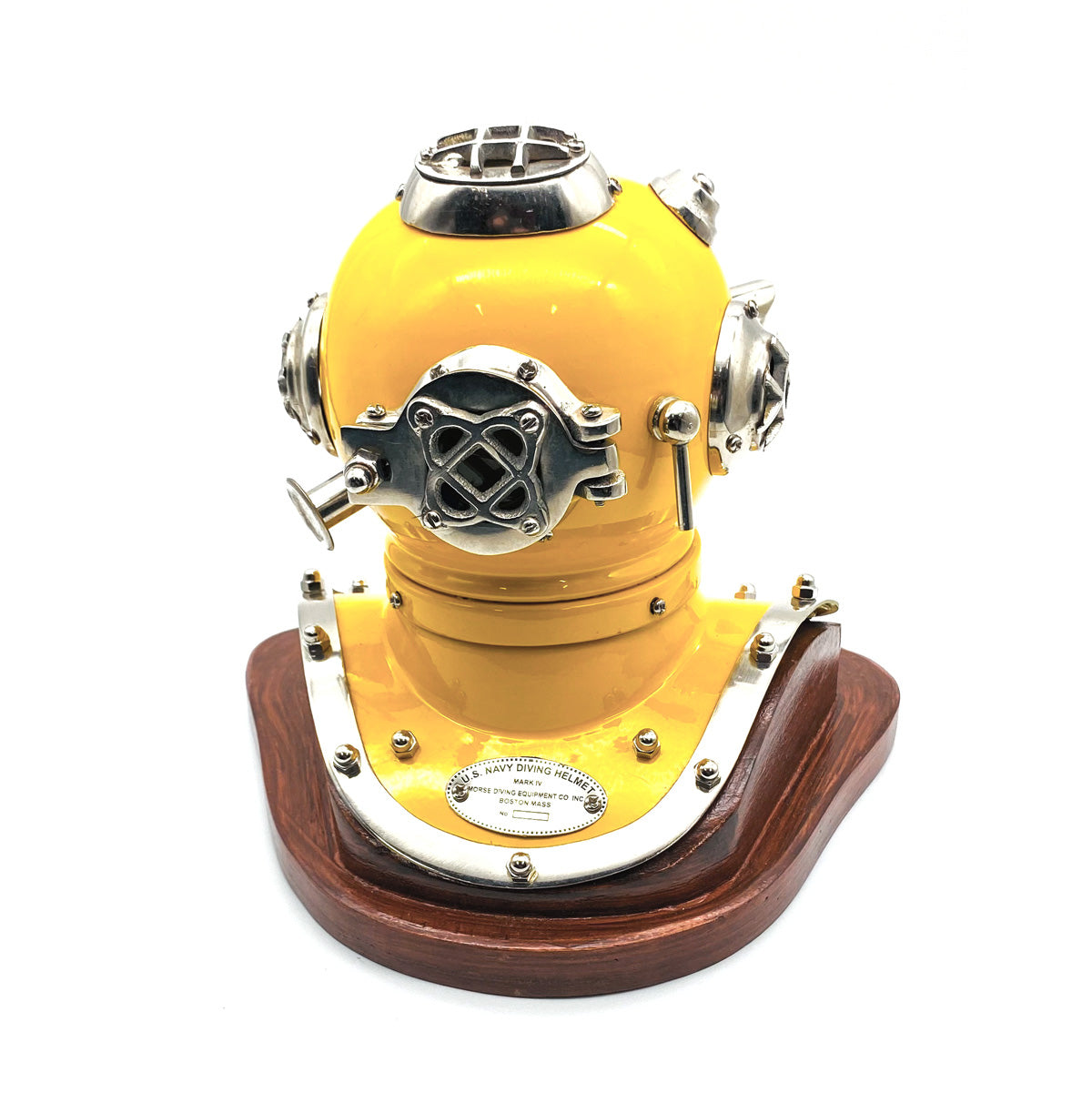 Miniature US Navy Mark V Diving Helmet in yellow with antique brass finish and magnifying glass viewing window.