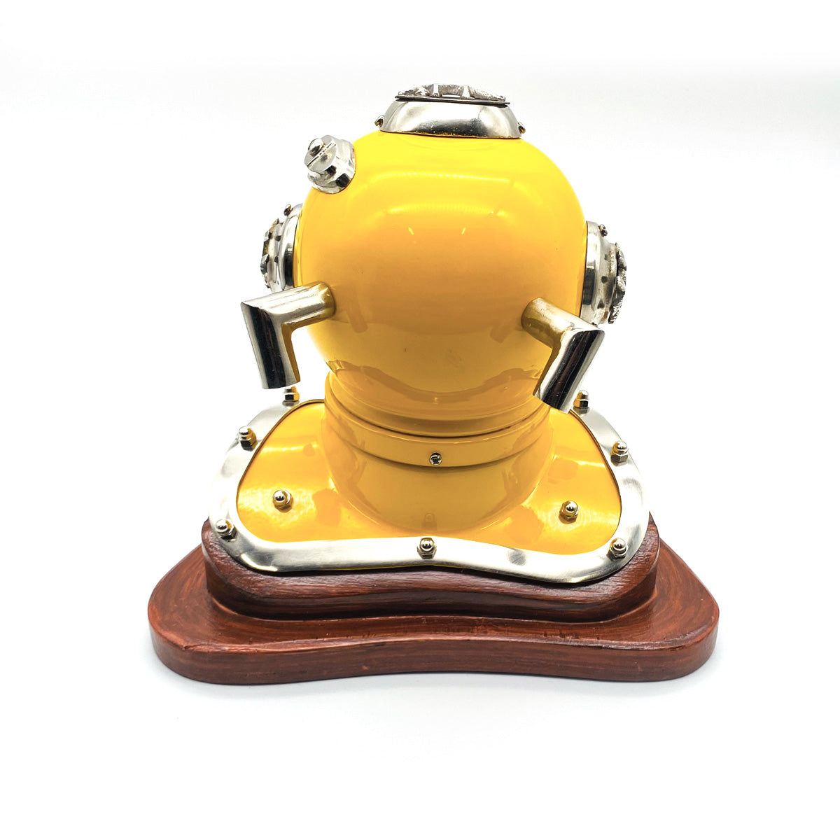 Miniature US Navy Mark V Diving Helmet in yellow with antique brass finish and magnifying glass viewing window.