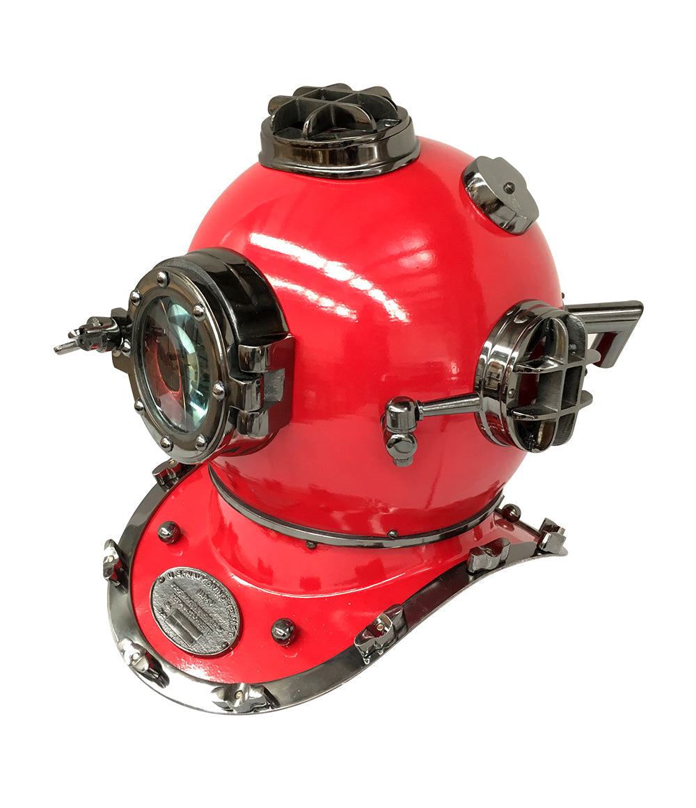 US Navy Mark V Diving Helmet in Red, showcasing its authentic design and magnifying glass viewing window.