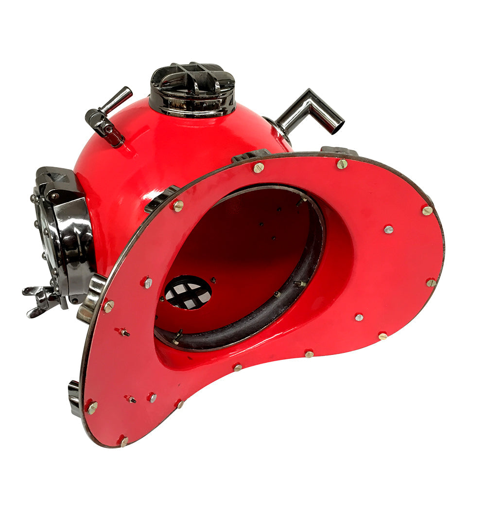 US Navy Mark V Diving Helmet in Red, showcasing its authentic design and magnifying glass viewing window.