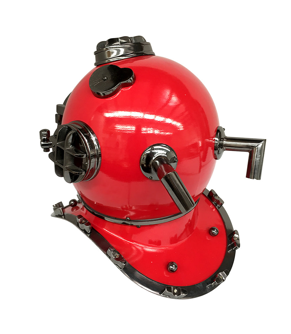 US Navy Mark V Diving Helmet in Red, showcasing its authentic design and magnifying glass viewing window.