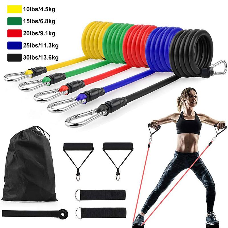 US STOCK 11Pcs Exercise Resistance Bands Set featuring various colors and accessories for full-body workouts.