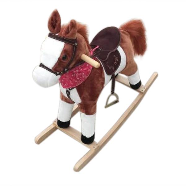 A colorful plush rocking horse with a comfortable saddle, designed for kids aged 3 and up, featuring realistic sound effects.