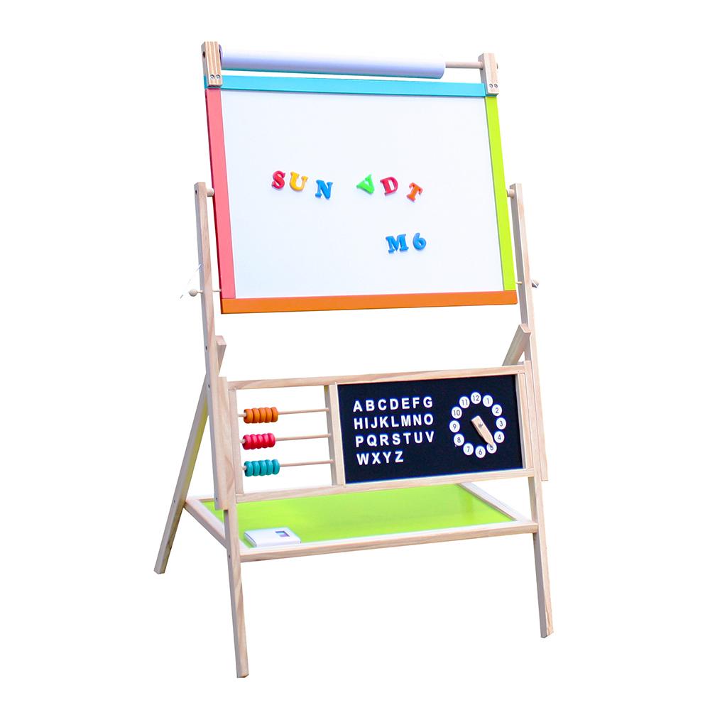 Multifunction wooden easel for kids featuring a magnetic whiteboard and chalkboard, designed for art education and creativity.