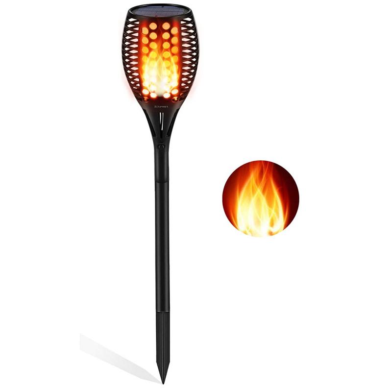 US Stock Solar Torch Light with flickering flame effect, designed for outdoor use, showcasing its waterproof and durable features.