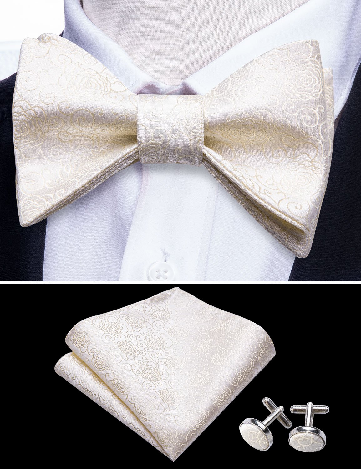 Custom silk floral bow tie set with matching handkerchief, showcasing elegant design and quality craftsmanship.