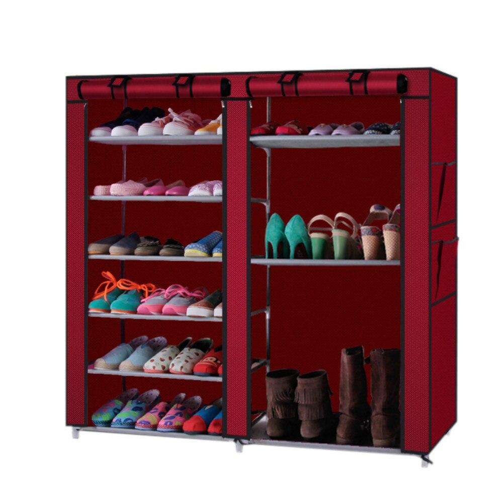 Wine red non-woven fabric shoe rack with 6 rows and 12 lattices, perfect for organizing footwear in a modern home.