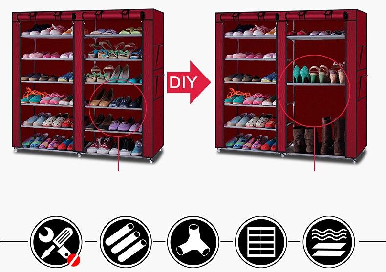 Wine red non-woven fabric shoe rack with 6 rows and 12 lattices, perfect for organizing footwear in a modern home.