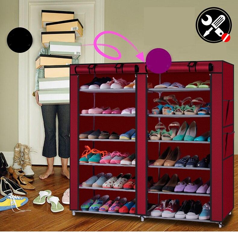 Wine red non-woven fabric shoe rack with 6 rows and 12 lattices, perfect for organizing footwear in a modern home.