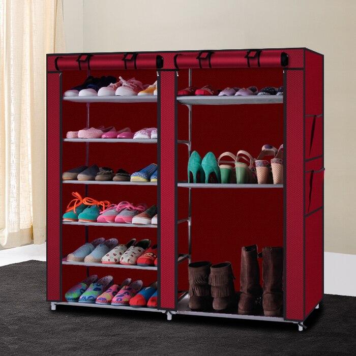 Wine red non-woven fabric shoe rack with 6 rows and 12 lattices, perfect for organizing footwear in a modern home.