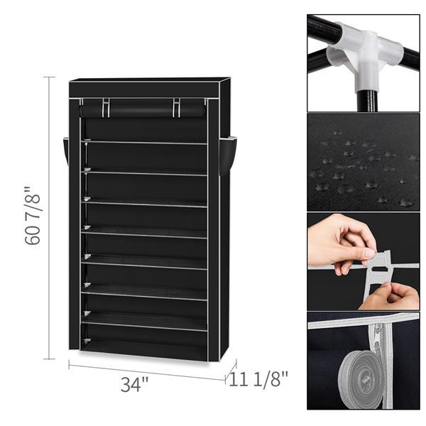 US-W 10 Tiers Shoe Rack with Dustproof Cover in black, showcasing multiple tiers for organized shoe storage.