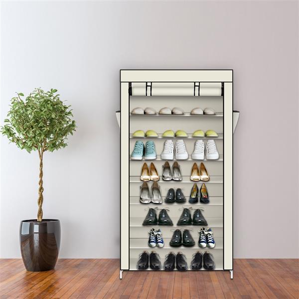 US-W 10 Tiers Shoe Rack with Dustproof Cover in black, showcasing multiple tiers for organized shoe storage.