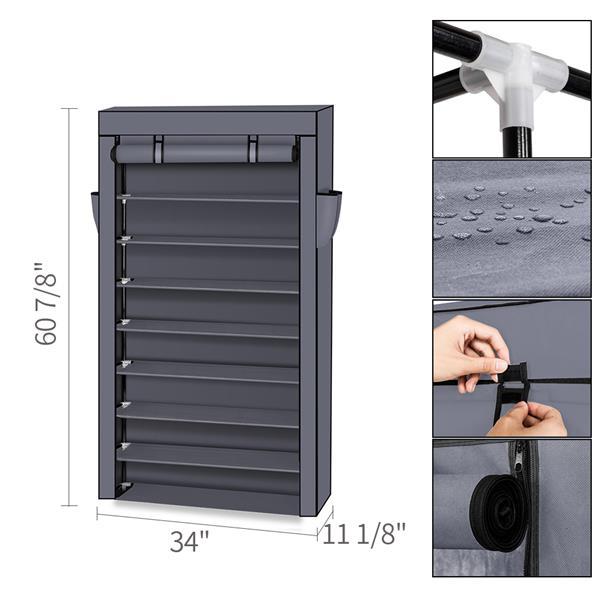 US-W 10 Tiers Shoe Rack with Dustproof Cover in black, showcasing multiple tiers for organized shoe storage.