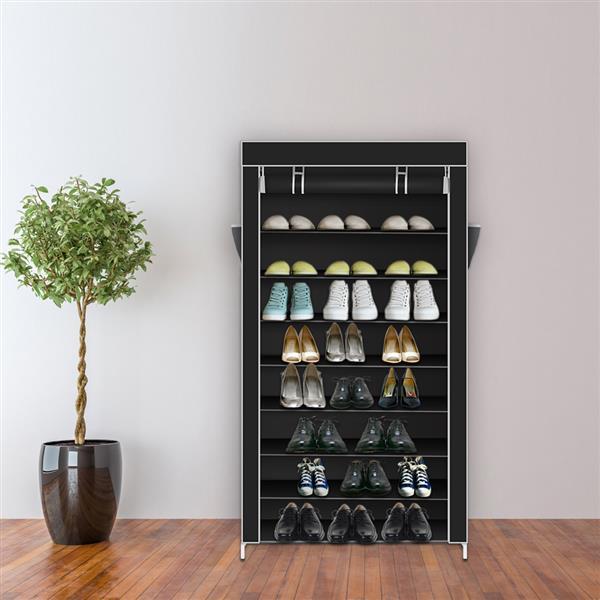 US-W 10 Tiers Shoe Rack with Dustproof Cover in black, showcasing multiple tiers for organized shoe storage.