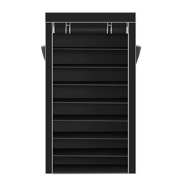 US-W 10 Tiers Shoe Rack with Dustproof Cover in black, showcasing multiple tiers for organized shoe storage.