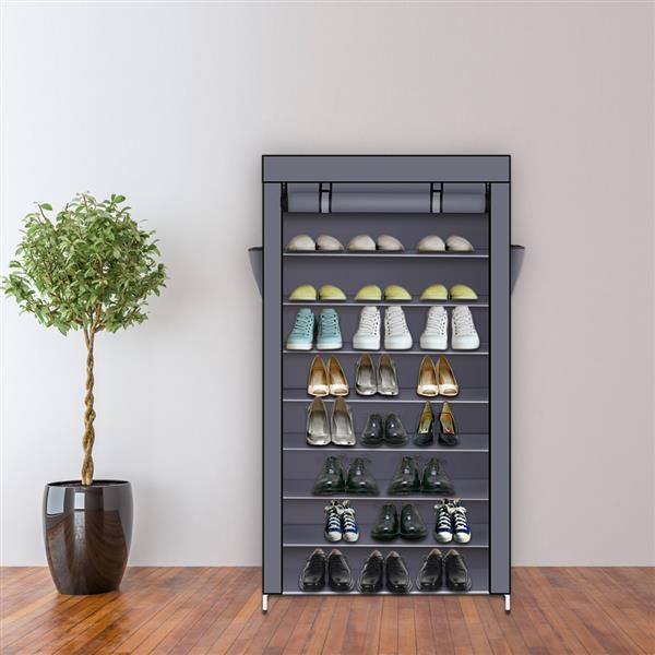 US-W 10 Tiers Shoe Rack with Dustproof Cover in black, showcasing multiple tiers for organized shoe storage.