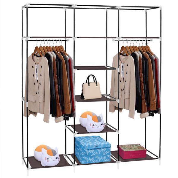 A 69-inch portable clothes closet made of non-woven fabric, featuring a sturdy design with double rods and available in four colors.