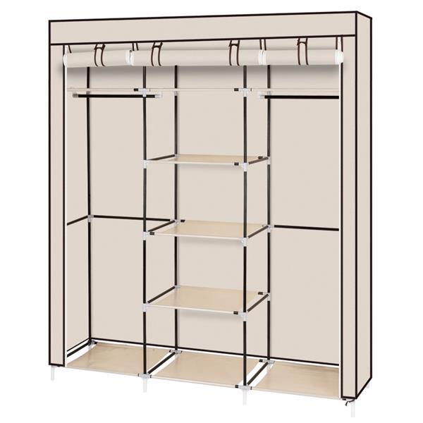 A 69-inch portable clothes closet made of non-woven fabric, featuring a sturdy design with double rods and available in four colors.