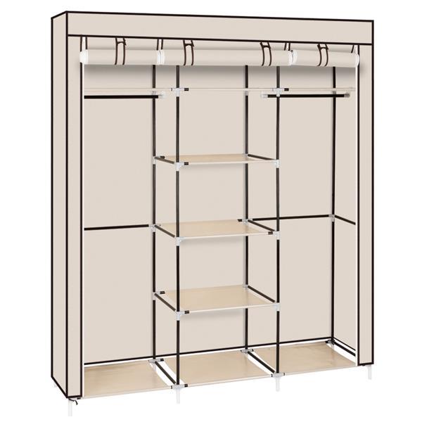 A 69-inch portable clothes closet made of non-woven fabric, featuring a sturdy design with double rods and available in four colors.