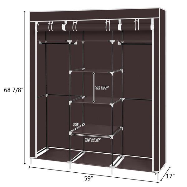 A 69-inch portable clothes closet made of non-woven fabric, featuring a sturdy design with double rods and available in four colors.