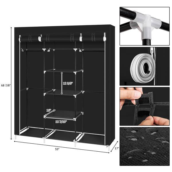 A 69-inch portable clothes closet made of non-woven fabric, featuring a sturdy design with double rods and available in four colors.