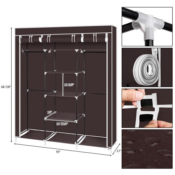 A 69-inch portable clothes closet made of non-woven fabric, featuring a sturdy design with double rods and available in four colors.