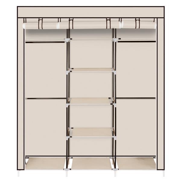 A 69-inch portable clothes closet made of non-woven fabric, featuring a sturdy design with double rods and available in four colors.