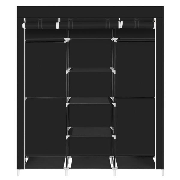 A 69-inch portable clothes closet made of non-woven fabric, featuring a sturdy design with double rods and available in four colors.