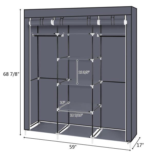 A 69-inch portable clothes closet made of non-woven fabric, featuring a sturdy design with double rods and available in four colors.