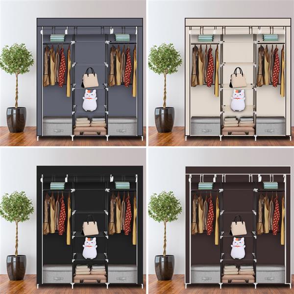 A 69-inch portable clothes closet made of non-woven fabric, featuring a sturdy design with double rods and available in four colors.