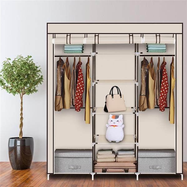 A 69-inch portable clothes closet made of non-woven fabric, featuring a sturdy design with double rods and available in four colors.