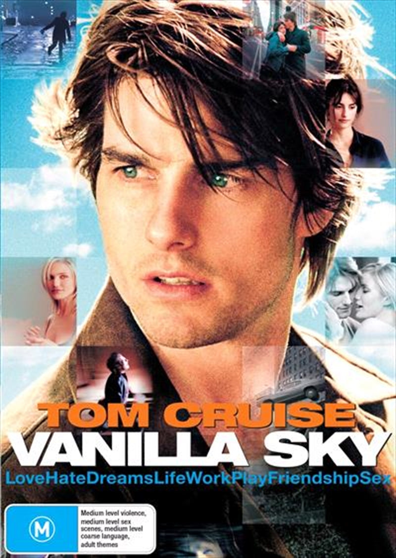 Vanilla Sky DVD cover featuring Tom Cruise and Penelope Cruz, showcasing a surreal and dreamlike design.