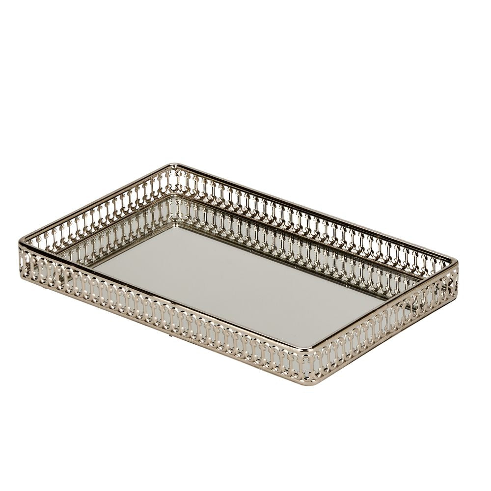 Elegant Vanity Gallery Tray with a nickelplated silver border and a reflective mirror bottom, measuring 11" x 7".