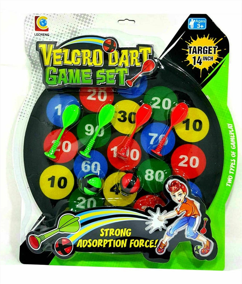 A colorful Velcro Dart Set featuring 4 hook-and-loop darts and 2 balls, designed for safe play for children aged 3 and up.