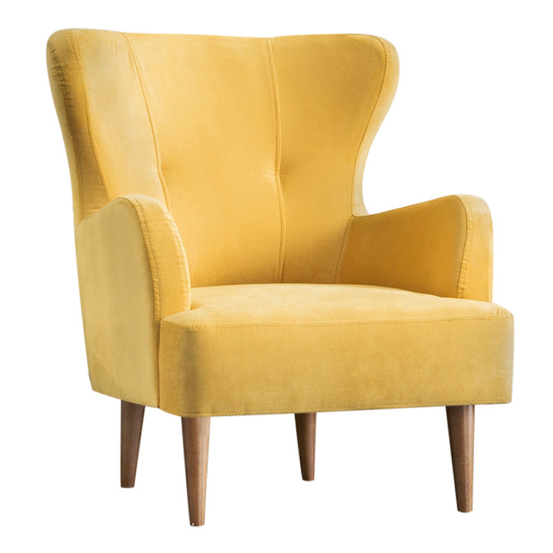 Velvet Armchair KING in vibrant yellow with plush upholstery and natural beech wood legs, measuring 69x60x88cm.