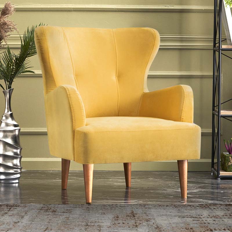 Velvet Armchair KING in vibrant yellow with plush upholstery and natural beech wood legs, measuring 69x60x88cm.