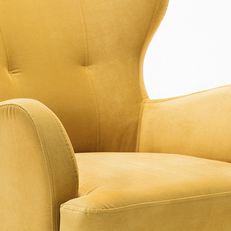 Velvet Armchair KING in vibrant yellow with plush upholstery and natural beech wood legs, measuring 69x60x88cm.