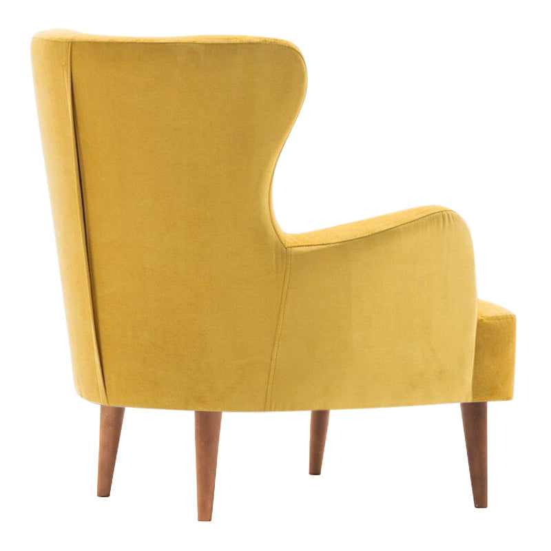 Velvet Armchair KING in vibrant yellow with plush upholstery and natural beech wood legs, measuring 69x60x88cm.