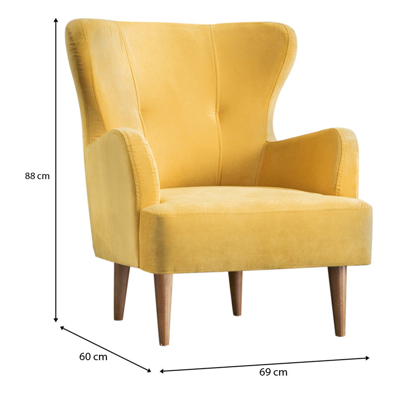 Velvet Armchair KING in vibrant yellow with plush upholstery and natural beech wood legs, measuring 69x60x88cm.