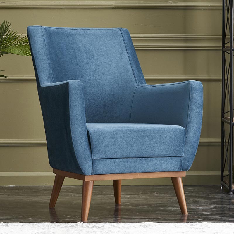 REGATA Blue Velvet Armchair with natural beech wood legs, showcasing plush upholstery and elegant design.