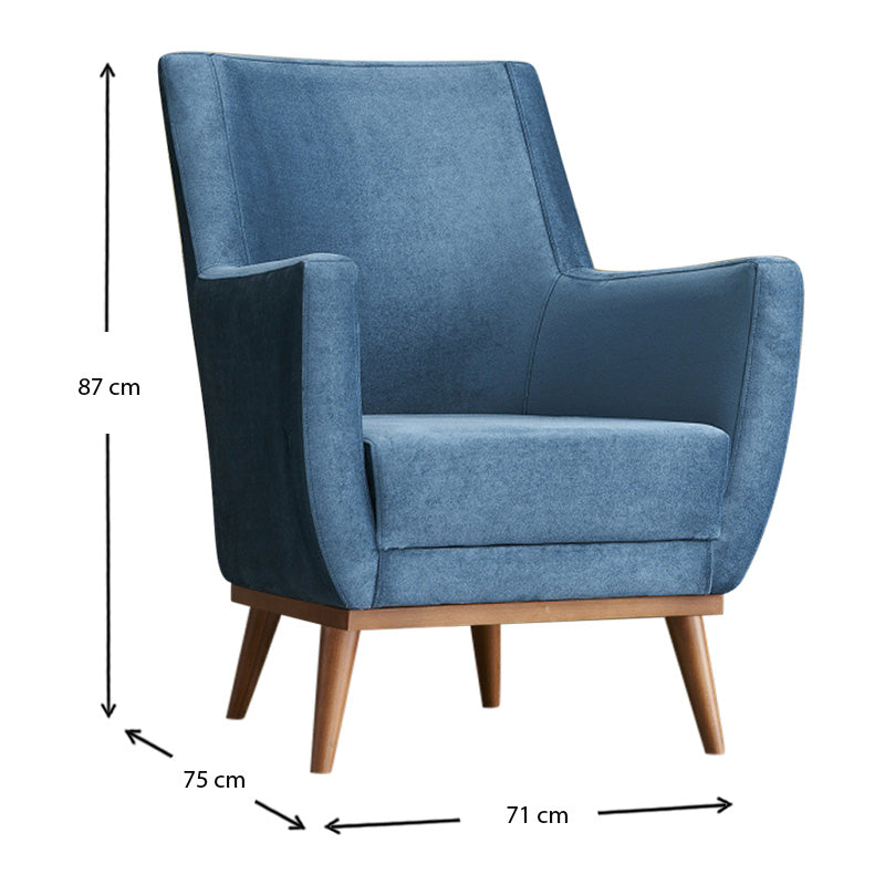 REGATA Blue Velvet Armchair with natural beech wood legs, showcasing plush upholstery and elegant design.