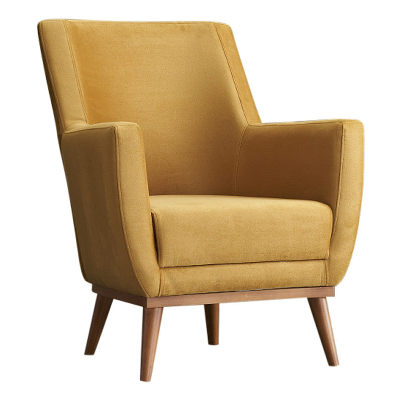 REGATA Velvet Armchair in mustard color with natural beech wood legs, showcasing its plush upholstery and elegant design.