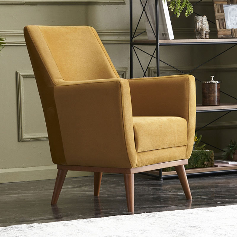 REGATA Velvet Armchair in mustard color with natural beech wood legs, showcasing its plush upholstery and elegant design.